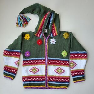 Colorful Knit Hooded Peruvian Sweater with Tassel